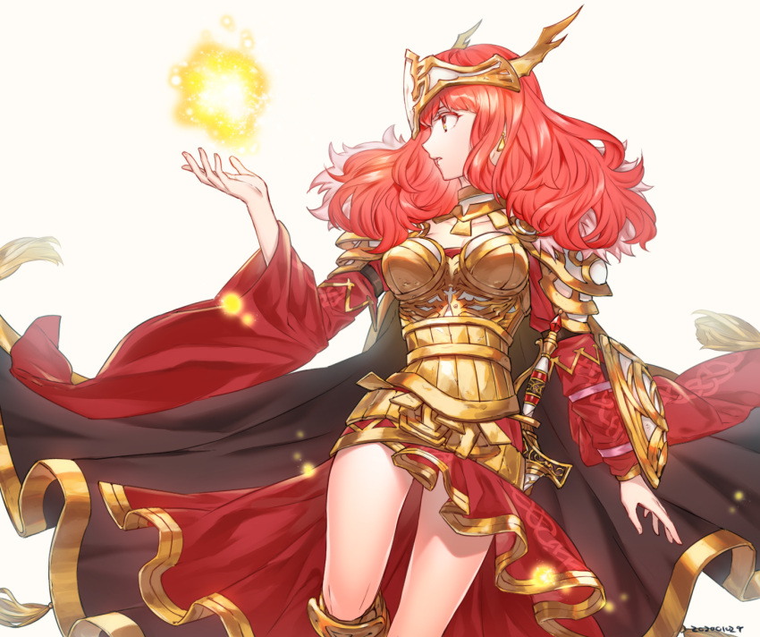 1girl armor celica_(fire_emblem) dress earrings fire_emblem fire_emblem_echoes:_shadows_of_valentia fire_emblem_heroes futabaaf highres jewelry long_hair long_sleeves looking_to_the_side red_eyes redhead scabbard sheath sheathed simple_background solo sword weapon white_background