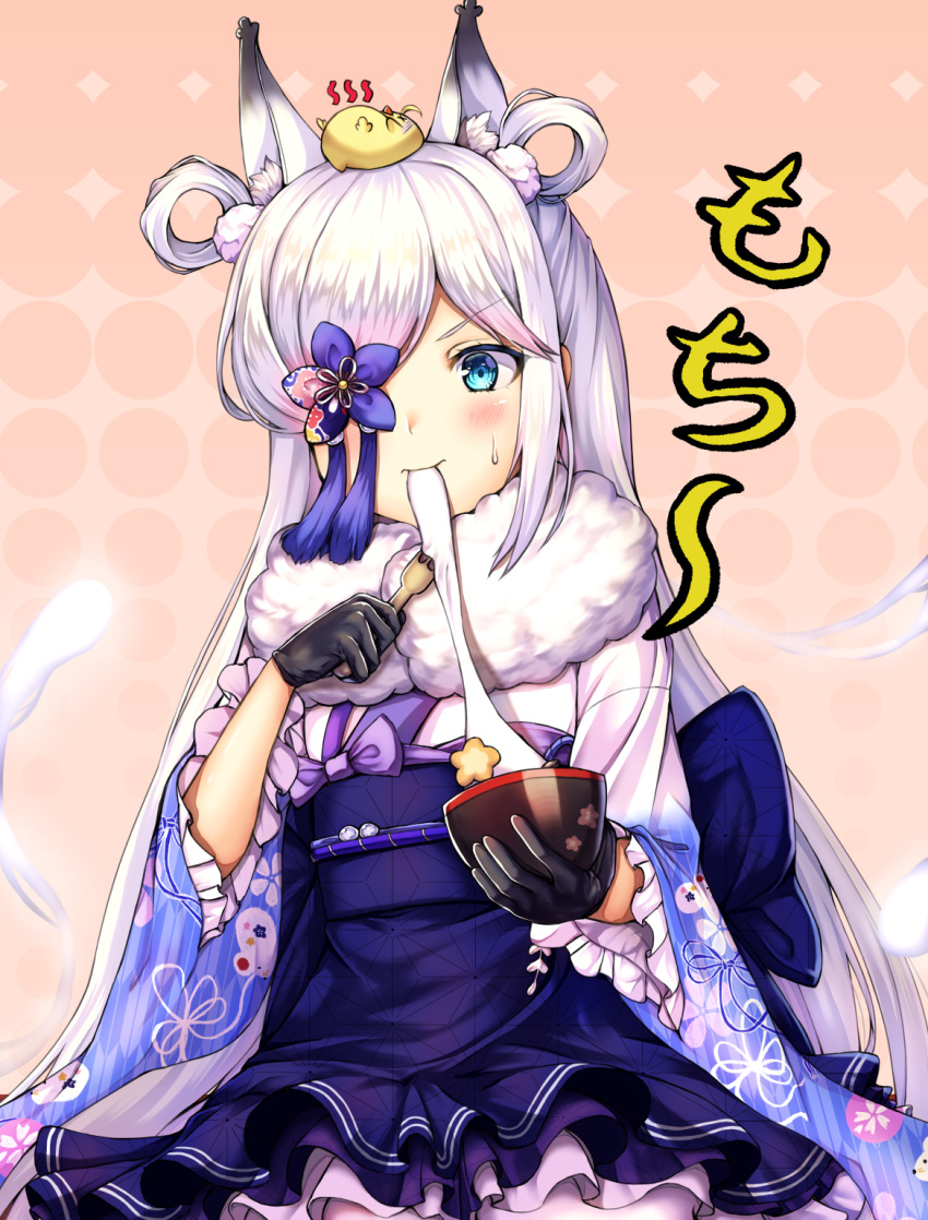 1girl animal_ear_fluff animal_ears azur_lane bangs black_gloves blue_eyes blush buranketo_2 commentary_request cup eating eyebrows_visible_through_hair fox_ears fur_collar gloves hair_over_one_eye highres holding holding_cup japanese_clothes kasumi_(azur_lane) kimono long_hair long_sleeves looking_at_viewer manjuu_(azur_lane) mochi solo very_long_hair white_hair white_legwear wide_sleeves