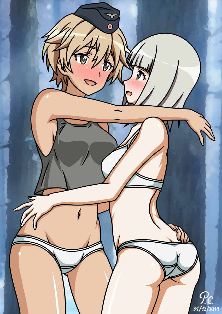 2girls absurdres ass bare_shoulders benji_29 blonde_hair blush bra brave_witches breasts brown_eyes butt_crack dark_skin dated edytha_rossmann eyebrows_visible_through_hair grey_tank_top groin hat highres hug large_breasts looking_at_another military_hat multiple_girls navel open_mouth panties shiny shiny_hair shiny_skin short_hair smile standing tank_top tears underwear waltrud_krupinski white_bra white_hair white_panties world_witches_series yuri