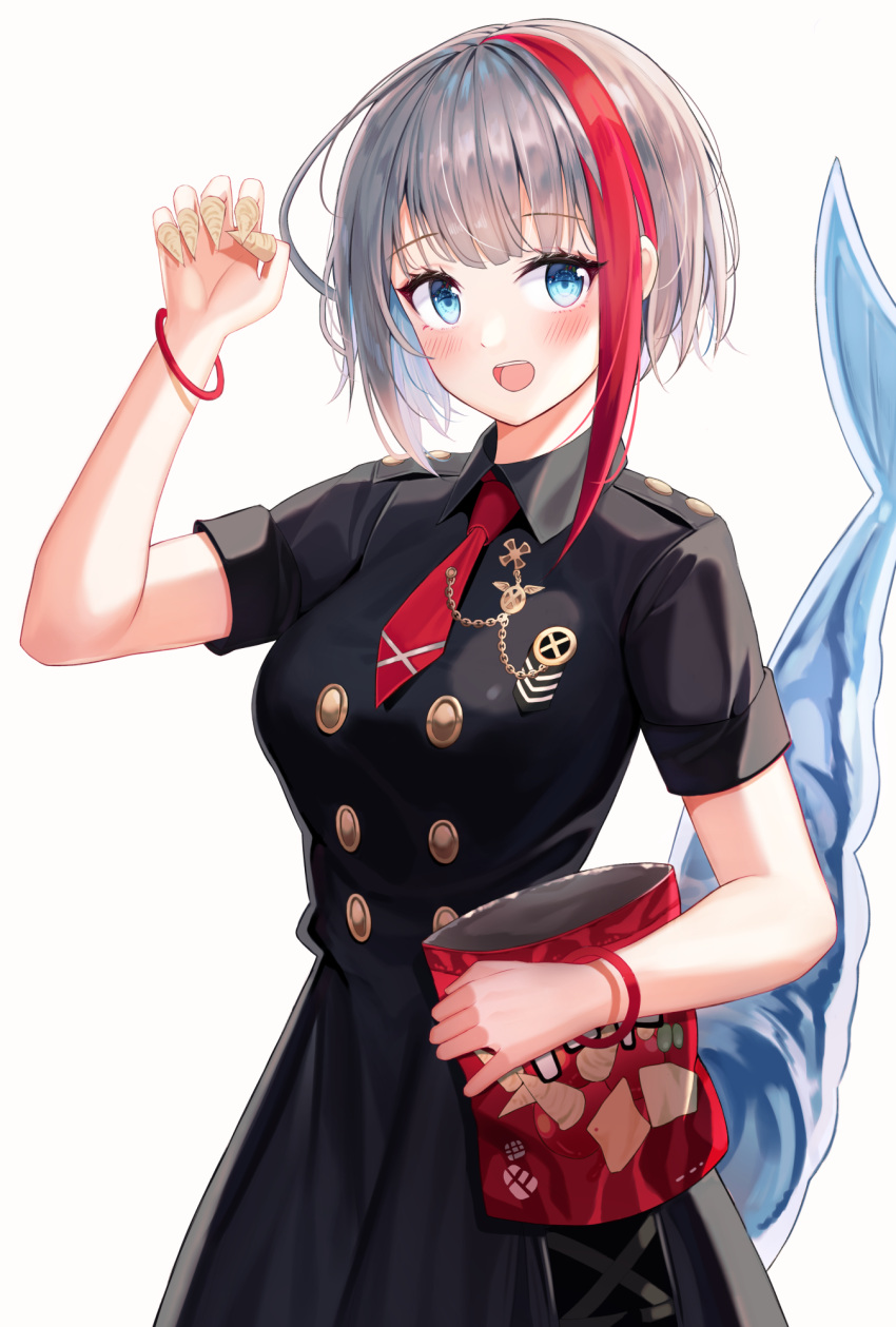 1girl :d admiral_graf_spee_(azur_lane) admiral_graf_spee_(maiden's_sunday)_(azur_lane) arm_up azur_lane bangle black_dress blue_eyes blush bracelet breasts bugles bugles_on_fingers buttons collared_dress dress grey_hair highres jewelry looking_at_viewer medium_breasts multicolored_hair necktie niji_(rudduf232) open_mouth red_neckwear redhead shark_tail short_necktie short_sleeves simple_background smile solo tail_raised two-tone_hair upper_body white_background