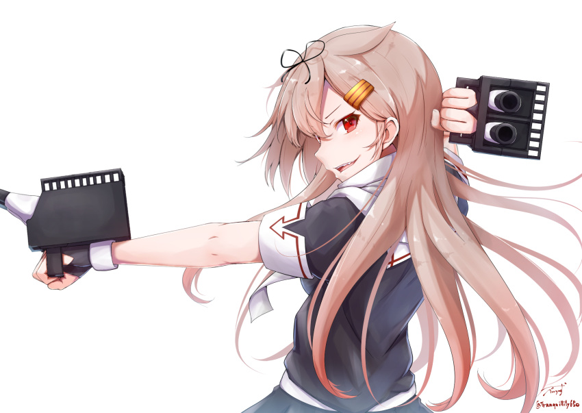 1girl artist_name baileys_(tranquillity650) black_gloves black_ribbon black_serafuku black_skirt blonde_hair commentary_request fingerless_gloves gloves hair_flaps hair_ornament hair_ribbon hairclip highres kantai_collection long_hair machinery open_mouth red_eyes remodel_(kantai_collection) ribbon scarf school_uniform serafuku short_sleeves signature simple_background skirt smile solo turret twitter_username white_background white_scarf yuudachi_(kantai_collection)