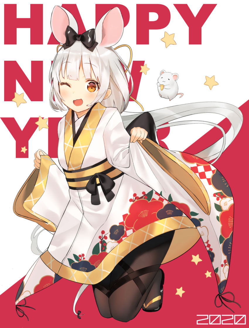 1girl 2020 ;d animal animal_ears bangs black_bow black_footwear black_legwear bow brown_eyes chinese_zodiac commentary_request eyebrows_visible_through_hair floral_print full_body hair_bow happy_new_year highres idemitsu japanese_clothes kimono long_hair long_sleeves looking_at_viewer mouse mouse_ears new_year obi one_eye_closed open_mouth original pantyhose pinching_sleeves print_kimono red_background sash silver_hair sleeves_past_wrists smile solo star two-tone_background white_background white_kimono wide_sleeves year_of_the_rat zouri
