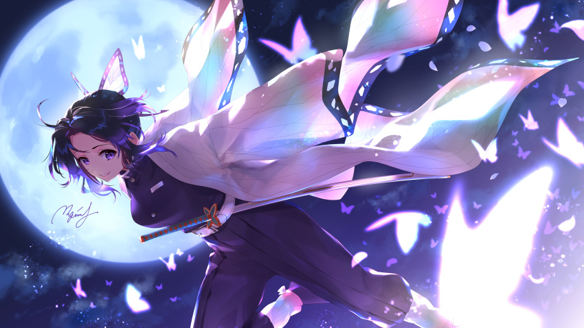 1girl animal black_hair breasts bug butterfly butterfly_hair_ornament feet_out_of_frame full_moon glowing glowing_butterfly hair_ornament haori highres insect japanese_clothes kimetsu_no_yaiba kochou_shinobu lips long_sleeves looking_at_viewer moon night purple_hair rupinesu sheath sheathed signature smile solo sword uniform weapon