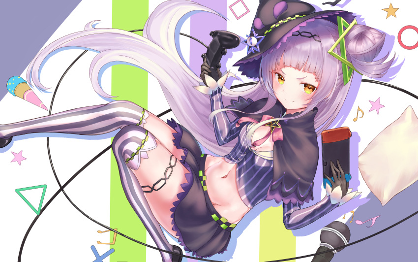 1girl absurdres commentary_request controller crop_top groin hair_bun hair_ornament handheld_game_console hat hayataku1234 highres hololive joystick lavender_hair looking_at_viewer murasaki_shion navel pillow playstation_portable smug striped striped_background striped_legwear thigh-highs thighs virtual_youtuber witch_hat yellow_eyes
