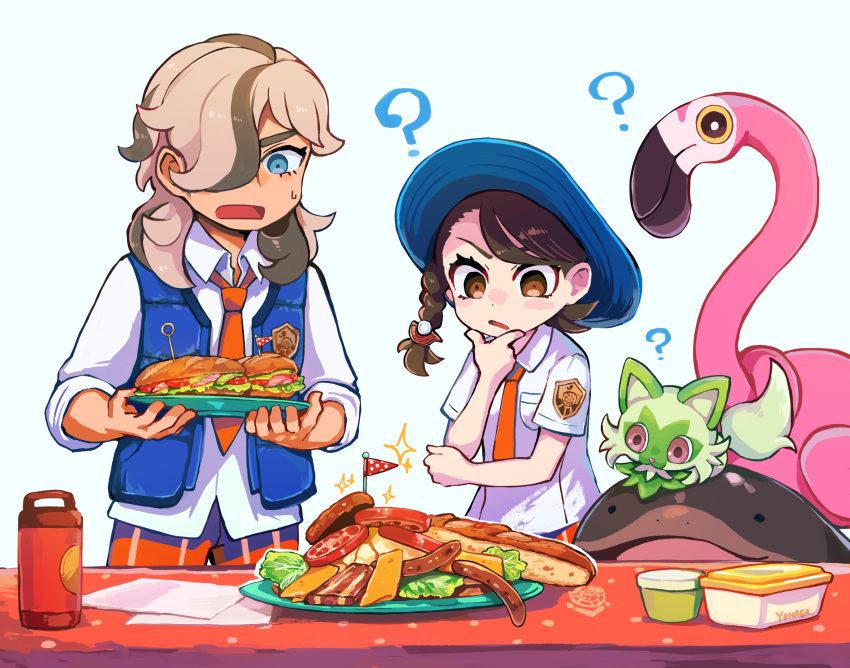 1boy 1girl ? arven_(pokemon) bangs blue_vest braid breast_pocket brown_eyes brown_hair clodsire collared_shirt commentary_request flag flamigo food highres holding holding_plate juliana_(pokemon) logo looking_down necktie open_clothes open_mouth open_vest orange_necktie plate pocket pokemon pokemon_(creature) pokemon_(game) pokemon_sv sandwich shirt skewer sparkle sprigatito sweatdrop tomato vest white_shirt yonaga_story