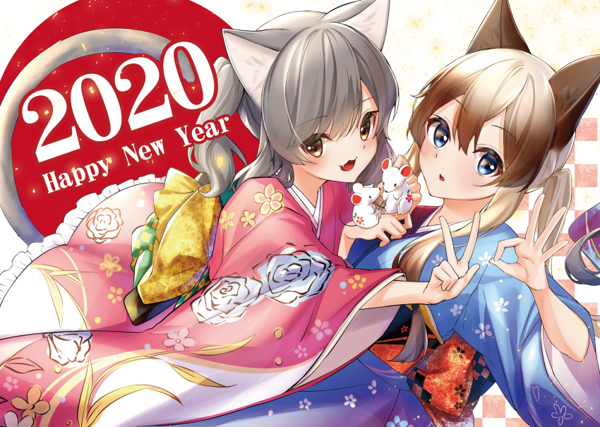 2020 2girls :3 :d animal animal_ears blue_kimono brown_hair cat_ears cat_girl cat_tail chinese_zodiac commentary_request fang floral_print grey_hair happy_new_year highres japanese_clothes kimono long_hair long_sleeves looking_at_viewer mouse multiple_girls nengajou new_year obi ok_sign one_side_up open_mouth original parted_lips pink_kimono print_kimono rose_print rukinya_(nyanko_mogumogu) sash smile tail twintails upper_teeth v wide_sleeves year_of_the_rat