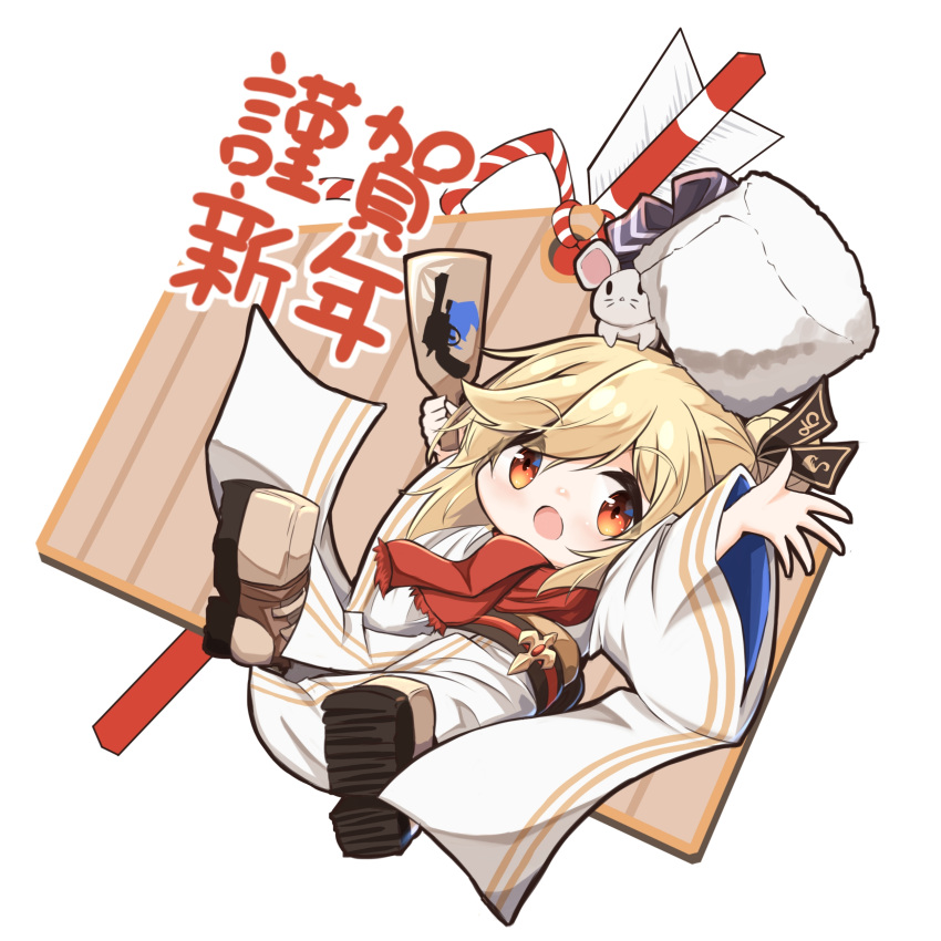 1girl absurdres animal animal_on_head arrow bangs blonde_hair blush boots brown_footwear chinese_zodiac commentary_request ema eyebrows_visible_through_hair fringe_trim fur_hat girls_frontline hagoita hair_between_eyes hamaya hat hat_removed headwear_removed highres holding japanese_clothes kimono long_hair long_sleeves matsuo_(matuonoie) mouse nagant_revolver_(girls_frontline) obi on_head open_mouth outstretched_arms paddle red_eyes red_scarf sash scarf shoe_soles solo translation_request white_background white_headwear white_kimono wide_sleeves year_of_the_rat