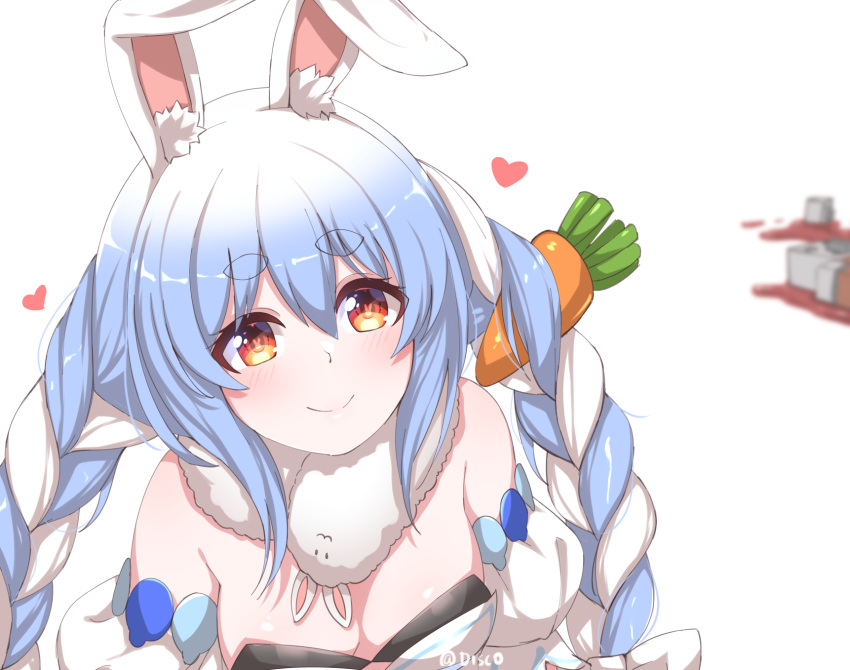 1girl :3 animal_ear_fluff animal_ears bangs bare_shoulders blue_hair blurry blurry_background breasts carrot_hair_ornament commentary detached_sleeves disco_brando eyebrows_visible_through_hair food_themed_hair_ornament fur_collar hair_between_eyes hair_ornament heart highres hololive long_hair looking_at_viewer medium_breasts multicolored_hair orange_eyes puffy_detached_sleeves puffy_sleeves rabbit_ears simple_background smile solo streaked_hair symbol-shaped_pupils twitter_username two-tone_hair usada_pekora virtual_youtuber white_background white_hair