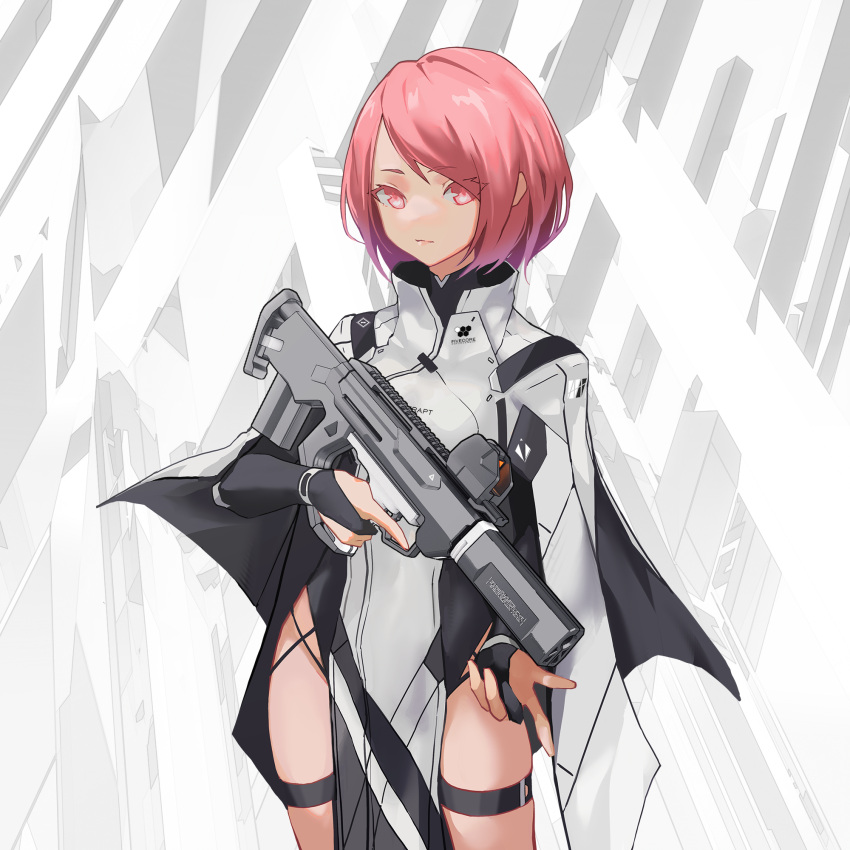 1girl bangs cancell cloak closed_mouth cowboy_shot gun highres holding holding_gun holding_weapon leotard looking_at_viewer original pink_eyes pink_hair science_fiction short_hair solo swept_bangs thigh_strap trigger_discipline weapon