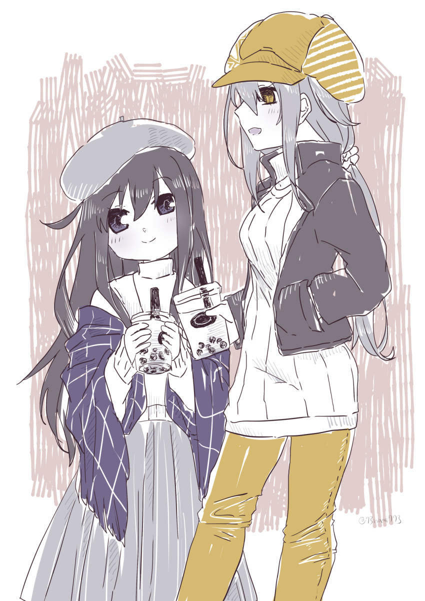 2girls akatsuki_(kantai_collection) alternate_costume alternate_hairstyle bangs beret blush breasts bubble_tea closed_mouth commentary_request cowboy_shot cup disposable_cup drinking_straw eyebrows_visible_through_hair flat_cap hair_between_eyes hair_ornament hair_over_shoulder hair_scrunchie hands_in_pockets hat highres holding holding_cup jacket kantai_collection long_hair long_sleeves looking_at_viewer multiple_girls nami_nami_(belphegor-5812) pants pleated_skirt ribbed_sweater scrunchie shawl shiratsuyu_(kantai_collection) skirt smile sweater turtleneck turtleneck_sweater twitter_username