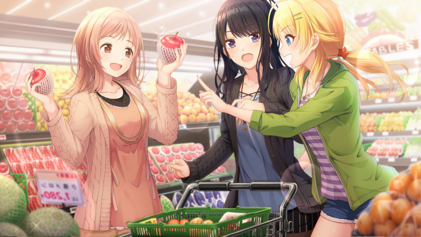 3girls :d :o absurdres apple bangs black_hair black_shorts blonde_hair blue_eyes blue_shorts blurry blush bowl breasts brown_eyes brown_hair cardigan commentary_request cowboy_shot cucumber depth_of_field eggplant eyebrows_visible_through_hair flipped_hair food fruit glint grapes hachimiya_meguru hair_ornament hairclip highres holding holding_food holding_fruit idolmaster idolmaster_shiny_colors indoors jewelry kazano_hiori long_hair long_sleeves looking_at_another looking_at_viewer low_twintails macha0331 medium_breasts medium_hair melon multiple_girls necklace net open_cardigan open_clothes open_mouth orange pendant potato profile red_pepper sakuragi_mano shirt shopping shopping_basket shopping_cart shorts sidelocks smile star star_hair_ornament star_necklace striped striped_shirt supermarket sweater swept_bangs tomato twintails undershirt vegetable violet_eyes
