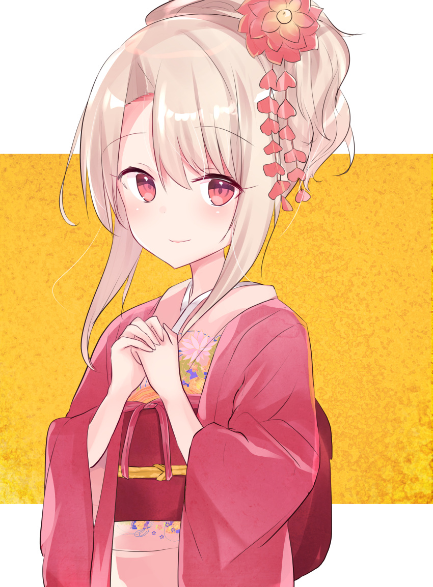 1girl absurdres bangs blush closed_mouth commentary_request eyebrows_visible_through_hair fate/kaleid_liner_prisma_illya fate_(series) floral_print furisode hair_between_eyes hair_up hands_together hands_up highres illyasviel_von_einzbern japanese_clothes kimono light_brown_hair long_sleeves natsu_(sinker8c) obi open_clothes own_hands_together pink_kimono print_kimono red_eyes sash sidelocks smile solo upper_body