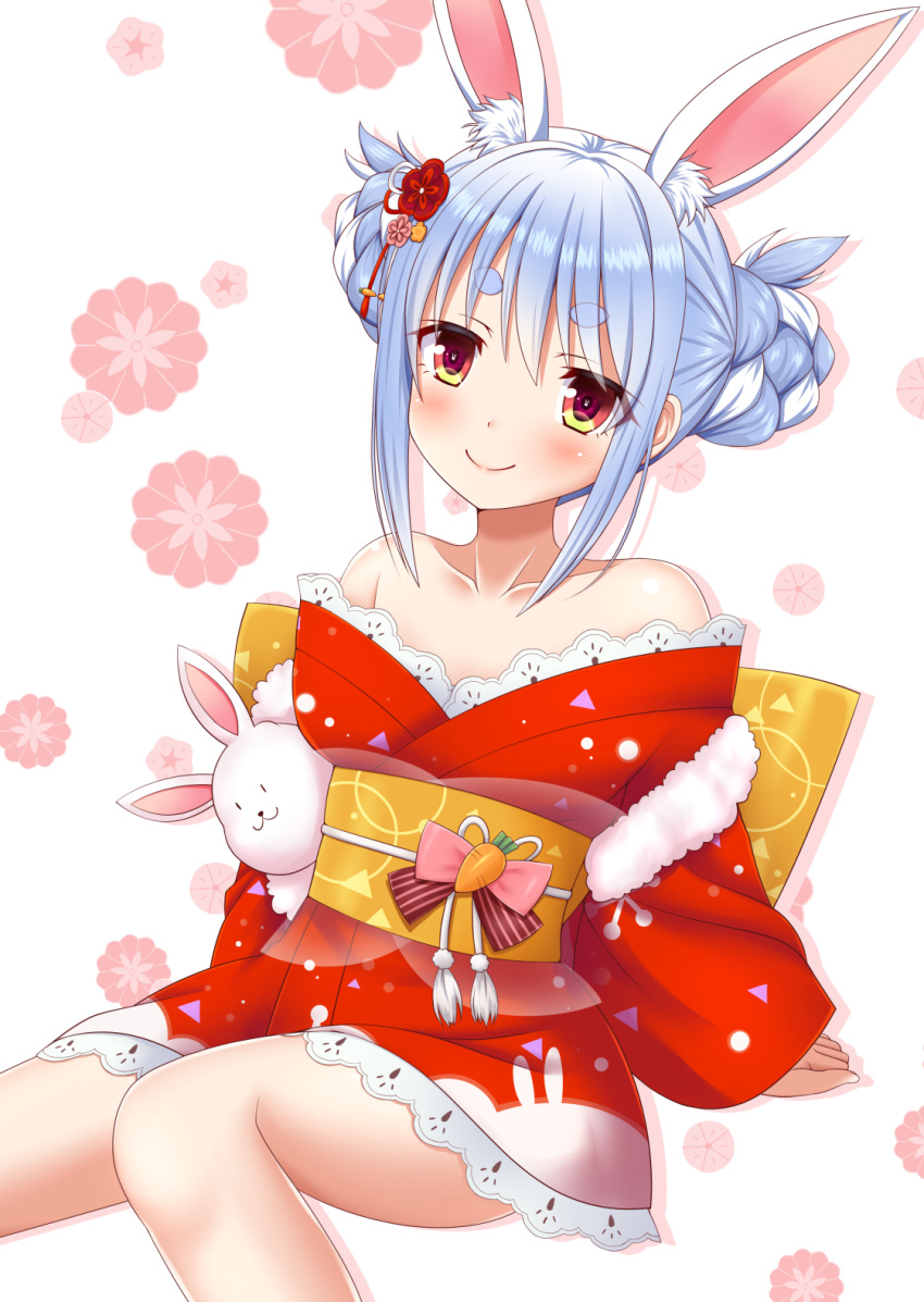 1girl animal_ear_fluff animal_ears bangs bare_shoulders blue_hair blush closed_mouth collarbone commentary_request eyebrows_visible_through_hair feet_out_of_frame floral_background hair_between_eyes highres hololive japanese_clothes ki_(kk-sk-ray) kimono long_sleeves looking_at_viewer multicolored_hair obi off_shoulder rabbit_ears red_eyes red_kimono sash short_eyebrows sidelocks sleeves_past_wrists smile solo thick_eyebrows two-tone_hair usada_pekora virtual_youtuber white_background white_hair wide_sleeves