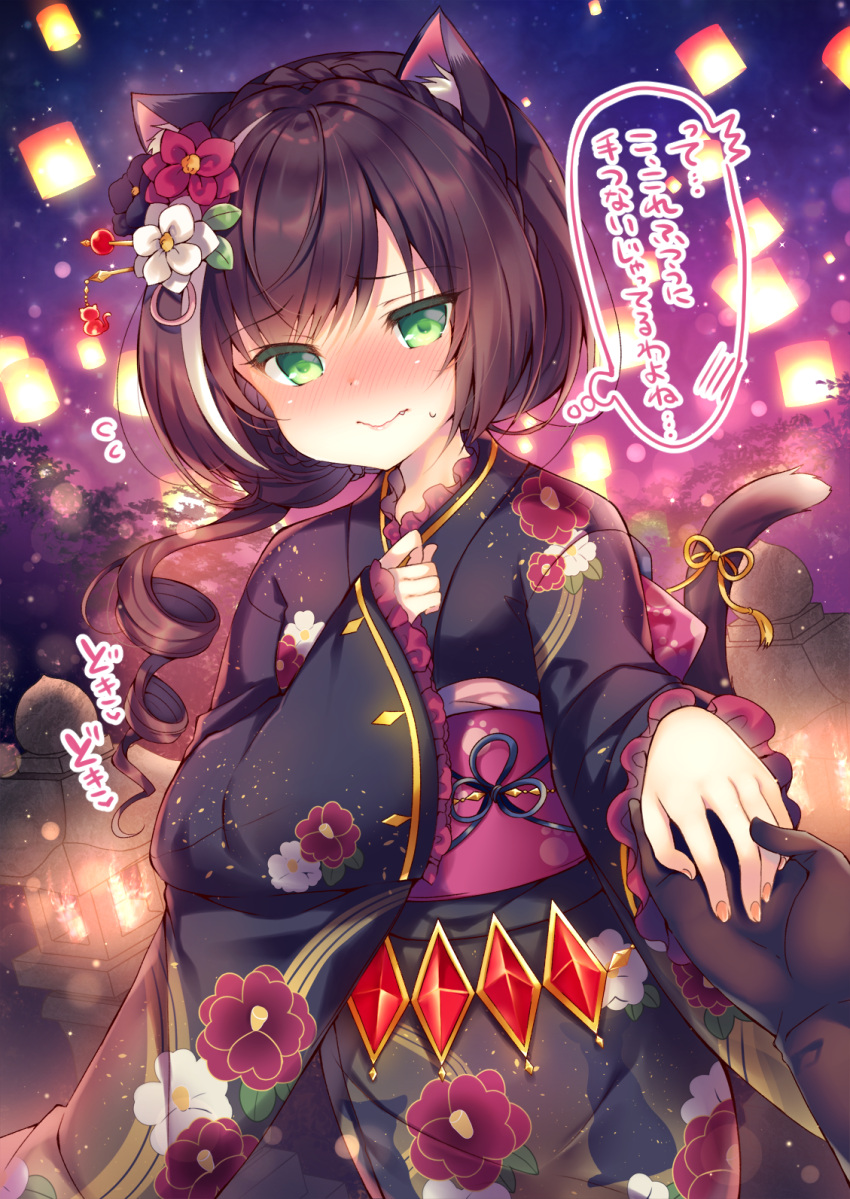 1girl animal_ear_fluff animal_ears bangs black_gloves black_hair black_kimono blush braid cat_ears cat_girl cat_tail closed_mouth eyebrows_visible_through_hair fang fang_out fingernails floral_print flower flying_sweatdrops frilled_sleeves frills gloves green_eyes hair_between_eyes hair_flower hair_ornament hatsumoude highres japanese_clothes kimono kyaru_(princess_connect) lantern long_hair long_sleeves looking_at_viewer multicolored_hair night night_sky nose_blush obi out_of_frame outdoors princess_connect! princess_connect!_re:dive print_kimono red_flower ribbon ringlets sash sky sleeves_past_wrists solo_focus star_(sky) starry_sky streaked_hair suzunone_rena sweat tail tail_raised tail_ribbon translation_request wavy_mouth white_flower white_hair wide_sleeves yellow_ribbon