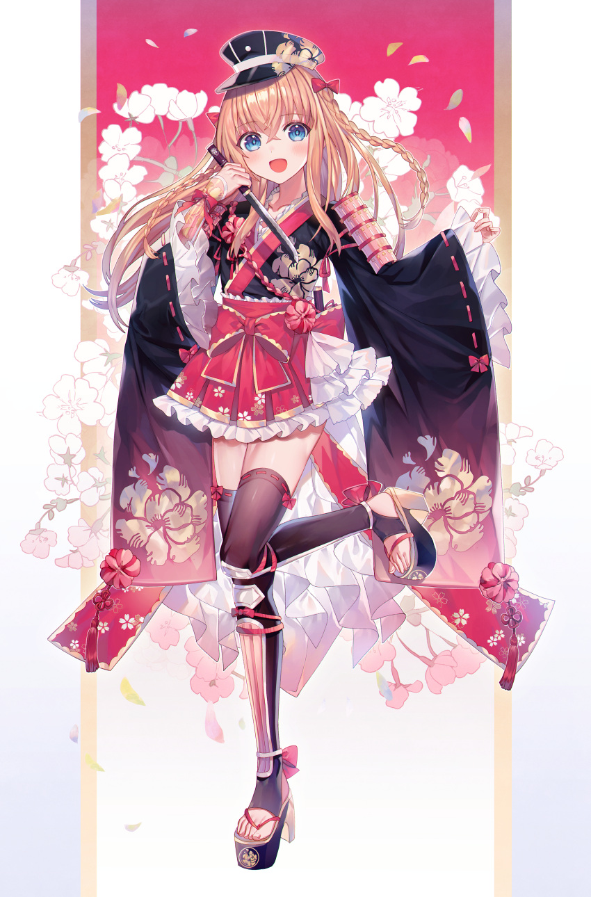 1boy :d abandon_ranka absurdres adapted_costume armor black_legwear blonde_hair blue_eyes bow braid flower frilled_skirt frilled_sleeves frills hair_bow hat high_heels highres japanese_armor japanese_clothes kimono kimono_skirt kiwame_(touken_ranbu) kote male_focus midare_toushirou open_mouth otoko_no_ko petals sandals short_sword skirt smile standing standing_on_one_leg sword tantou thigh-highs touken_ranbu twin_braids weapon