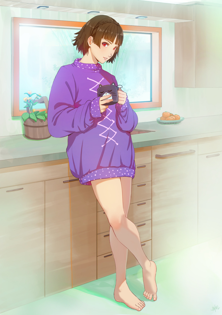 1girl bangs brown_hair cup feet highres justin_leyva_(steamy_tomato) looking_at_viewer mug niijima_makoto no_pants persona persona_5 red_eyes short_hair solo sweater thighs