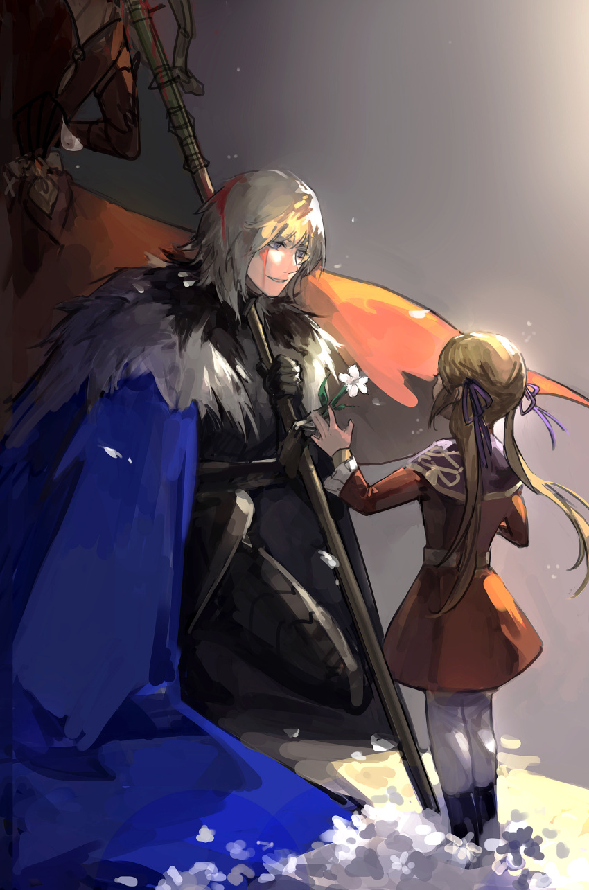 1boy 2girls absurdres age_comparison armor blonde_hair blood blue_cape brown_hair cape dimitri_alexandre_blaiddyd dress edelgard_von_hresvelg fire_emblem fire_emblem:_three_houses flower from_behind fur_trim highres holding holding_flower long_hair long_sleeves multiple_girls parted_lips petals polearm short_hair tomatoccccat twintails weapon