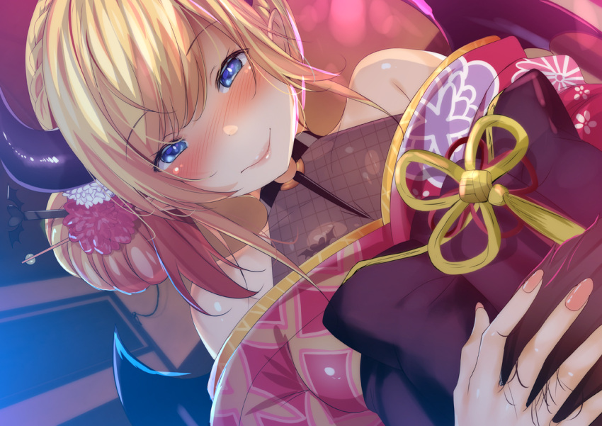 1girl bangs bare_shoulders blonde_hair blue_eyes blush breasts closed_mouth collarbone demon_girl demon_horns demon_wings dutch_angle fumihiko_(pixiv2658856) hand_on_another's_head hololive horns japanese_clothes kimono large_breasts looking_down nail_polish obi off_shoulder pink_nails pointy_ears sash see-through smile solo virtual_youtuber wings yuzuki_choco