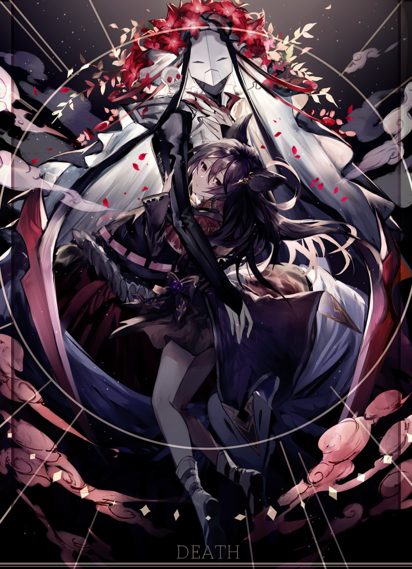 1girl animal_ears black_hair bridal_veil crying crying_with_eyes_open death_(granblue_fantasy) dress ear_piercing erune flower granblue_fantasy highres long_hair looking_at_viewer mask nier_(granblue_fantasy) piercing purple_flower purple_rose red_eyes rilmok rose skull tears veil