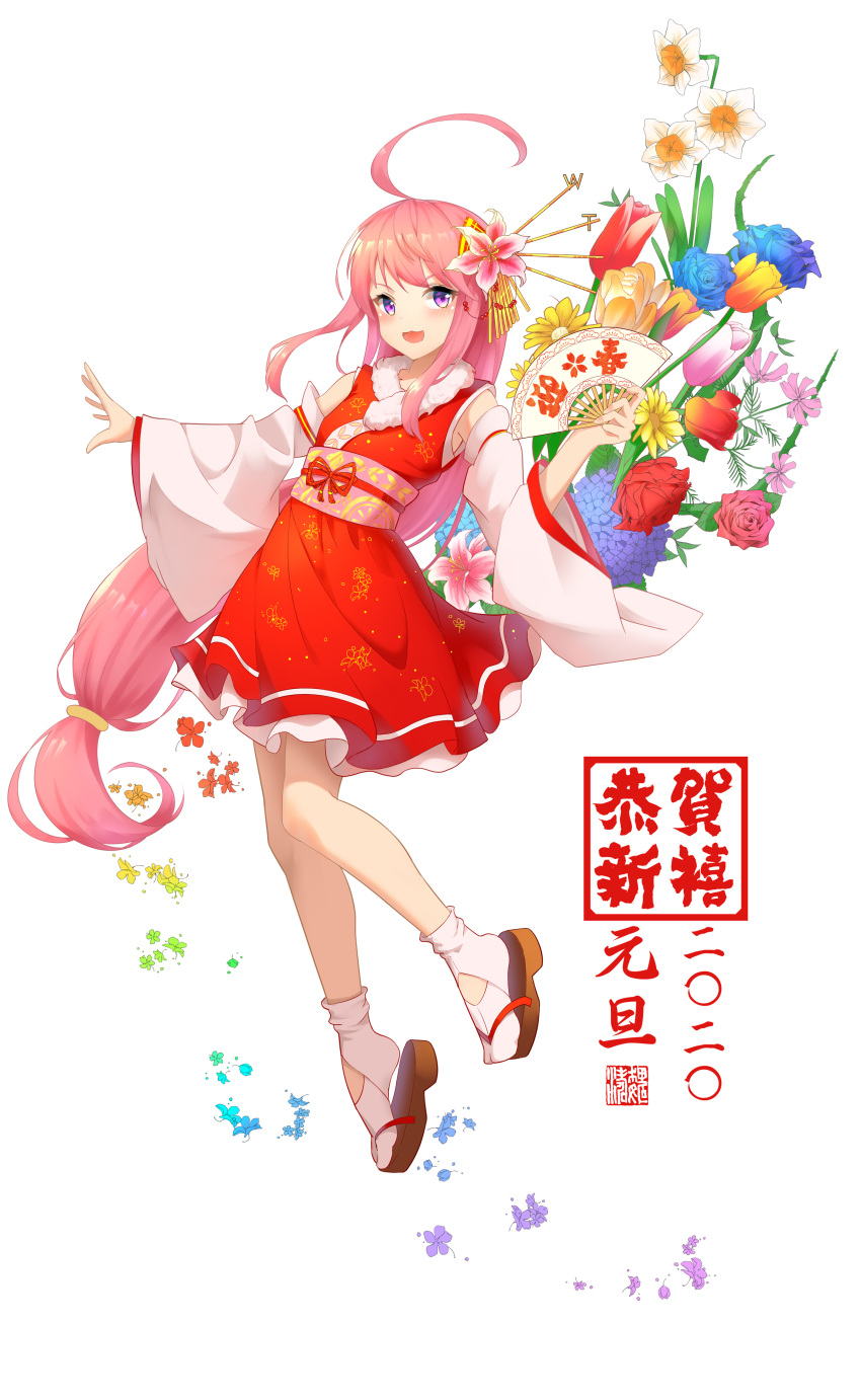 1girl 2020 absurdres ahoge bangs blue_flower blush china_dress chinese_clothes chinese_zodiac commentary_request copyright_request detached_sleeves dress eyebrows_visible_through_hair flower hair_flower hair_ornament highres holding long_hair looking_at_viewer low-tied_long_hair new_year pink_flower purple_hair red_dress red_ribbon ribbon solo translation_request w-t white_sleeves year_of_the_rat yellow_flower