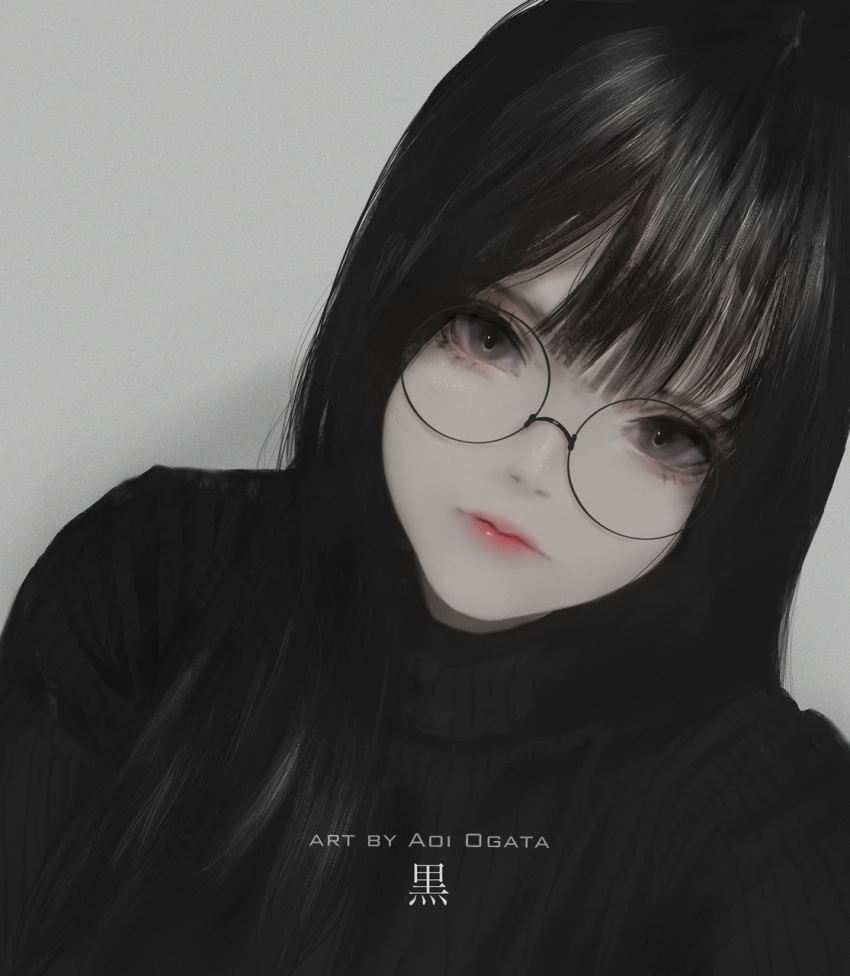 1girl aoi_ogata artist_name bangs black-framed_eyewear black_hair black_swimsuit closed_mouth commentary_request dutch_angle glasses grey_background grey_eyes highres lips long_hair looking_at_viewer original red_lips ribbed_sweater round_eyewear solo sweater swimsuit turtleneck turtleneck_sweater