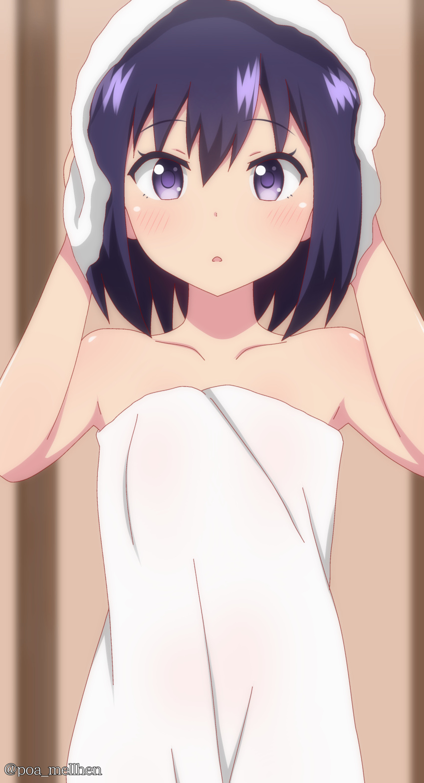 1girl absurdres bare_shoulders blush collarbone gabriel_dropout hands_up highres looking_at_viewer naked_towel open_mouth poa_mellhen purple_hair short_hair solo towel towel_on_head tsukinose_vignette_april twitter_username upper_body violet_eyes