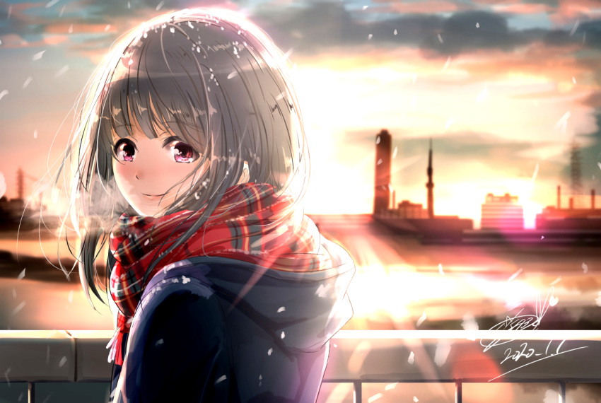 1girl bangs black_hair blue_coat blurry blurry_background blush breath cityscape clouds commentary_request dated depth_of_field diffraction_spikes eyebrows_visible_through_hair gradient_sky light_smile looking_at_viewer looking_back new_year original outdoors partial_commentary pink_eyes plaid plaid_scarf railing scarf short_hair signature sky snow_on_head snowing solo soragane_(banisinngurei) standing upper_body water winter