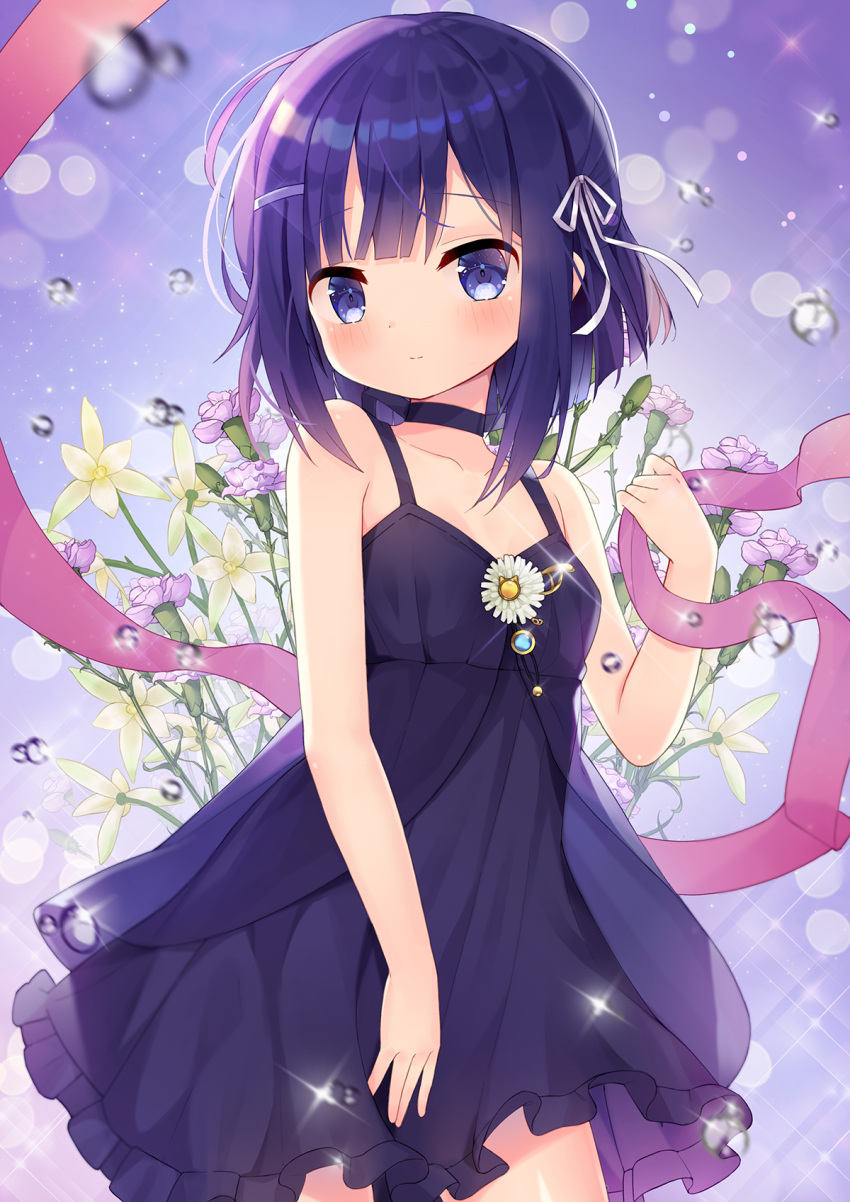 1girl bangs bare_shoulders black_dress blue_eyes blush breasts choker collarbone commentary dress eyebrows_visible_through_hair flower fuiba_fuyu gochuumon_wa_usagi_desu_ka? hair_ornament hair_ribbon hairclip highres pink_flower pink_ribbon ribbon small_breasts smile solo taku_michi yellow_flower