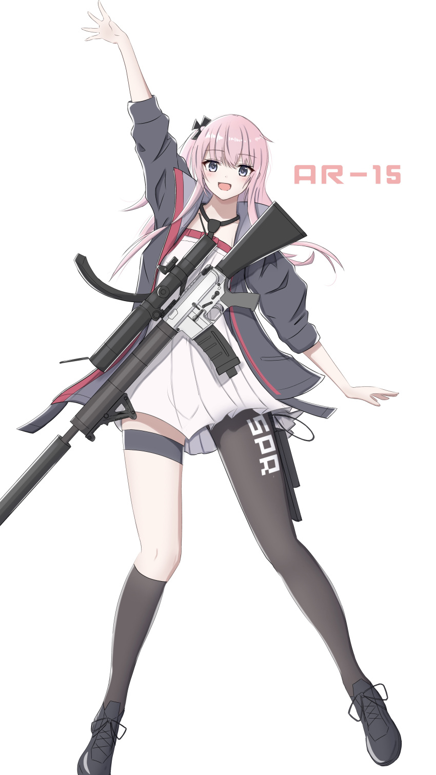 1girl :d absurdres ar-15 asymmetrical_legwear black_footwear black_jacket black_legwear black_neckwear character_name eyebrows_visible_through_hair girls_frontline gun highres jacket kneehighs looking_at_viewer multicolored_hair necktie open_mouth pink_hair rifle rynn_(user_rkgs8583) side_ponytail simple_background single_thighhigh smile solo st_ar-15_(girls_frontline) streaked_hair thigh-highs violet_eyes weapon white_background