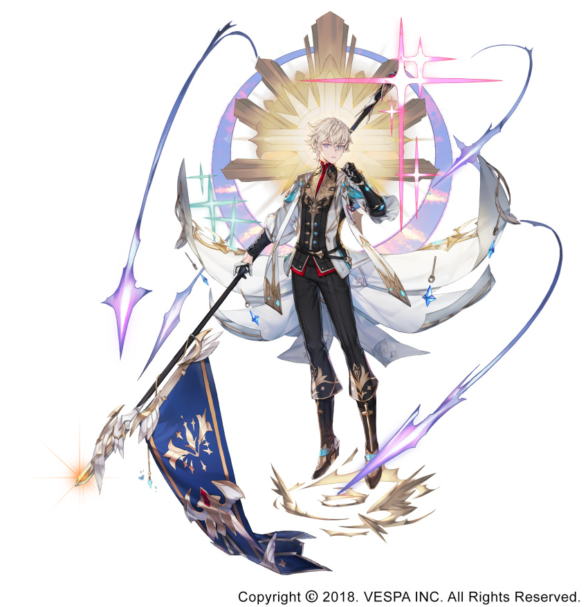 1boy black_gloves black_pants boots character_request clenched_hand company_name dated flag full_body gloves gold_trim grey_eyes hand_up highres holding_polearm king's_raid male_focus official_art pants simple_background solo vest white_background
