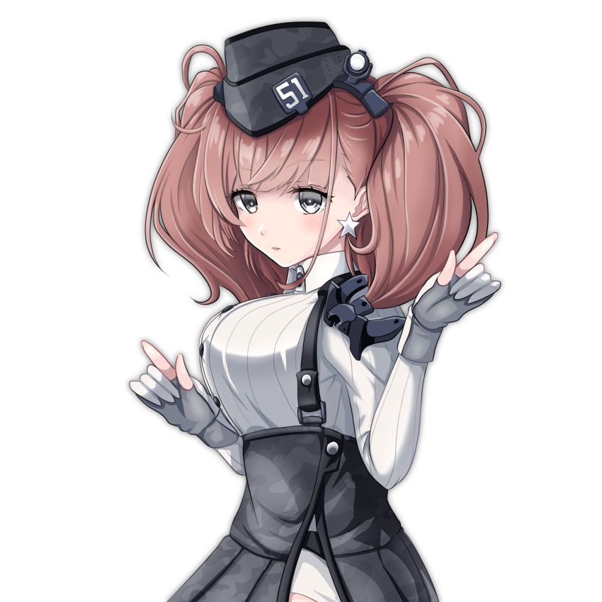 1girl atlanta_(kantai_collection) black_skirt brown_hair commentary_request earrings garrison_cap gloves grey_eyes hat high-waist_skirt highres jewelry kantai_collection long_sleeves partly_fingerless_gloves shirt simple_background skirt solo star star_earrings suspender_skirt suspenders tk8d32 two_side_up upper_body white_background white_shirt