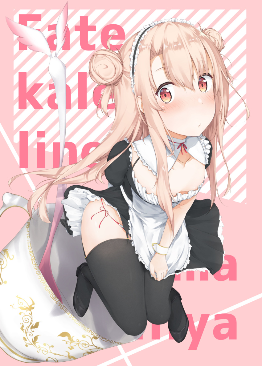 1girl bangs black_legwear blonde_hair blush breasts commentary_request copyright_name double_bun eyebrows_visible_through_hair fate/grand_order fate/stay_night fate_(series) frills frown hair_bun highres illyasviel_von_einzbern long_hair looking_at_viewer maid maid_headdress medium_breasts red_eyes seven_d3t small_breasts solo thigh-highs