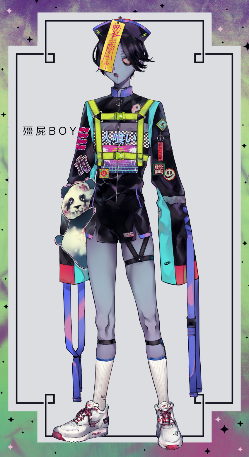 1boy absurdres blue_skin chinese_clothes contemporary fang full_body hat highres jiangshi looking_at_viewer male_focus mimi_(torikukuroetann) open_mouth original panda purple_hair qing_guanmao shoes sneakers solo