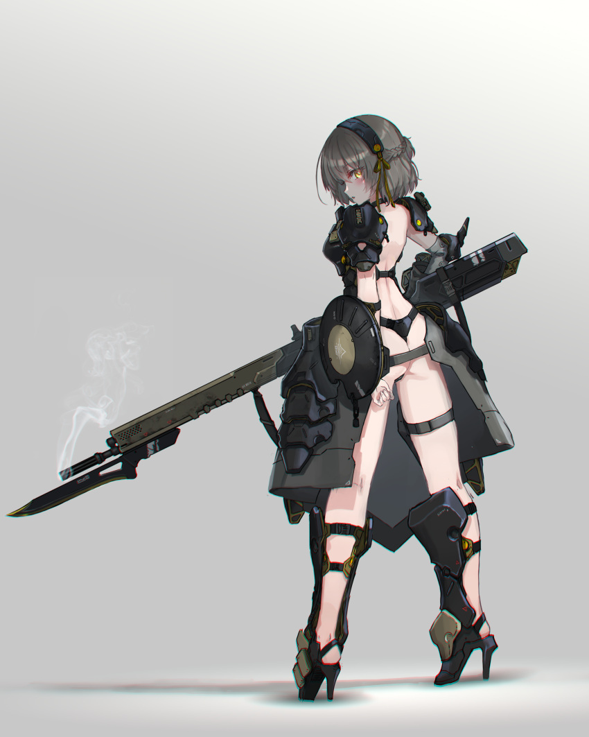 1girl absurdres armor ass bayonet glowing glowing_eyes high_heels highres looking_back oota_youjo shield short_hair shoulder_pads simple_background solo thigh_strap weapon