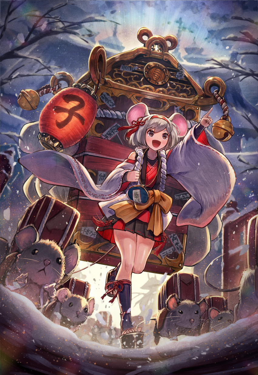 1girl 2020 animal animal_ears bag bare_shoulders bell black_skirt blush bow brown_eyes buruma carrying chinese_zodiac clouds cloudy_sky fantasy grey_hair hairband handbag highres japanese_clothes kuroi_susumu lantern long_sleeves medium_hair mouse multicolored multicolored_clothes nengajou new_year open_mouth orange_bow original outdoors pointing red_skirt running skirt sky smile snow talisman tree year_of_the_rat