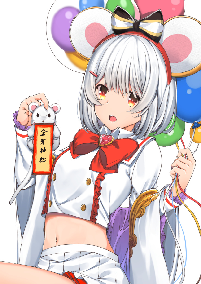 1girl animal animal_ears bangs bow breasts chinese_zodiac commentary_request frills gem granblue_fantasy hair_ornament hairband hairclip heart highres holding holding_animal holding_balloon kaname_(melaninusa09) large_bow long_sleeves looking_at_viewer midriff miniskirt mouse_ears navel pleated_skirt rat red_bow red_eyes red_neckwear shirt short_hair silver_hair simple_background skirt small_breasts solo vikala_(granblue_fantasy) white_background white_shirt white_skirt wide_sleeves year_of_the_rat