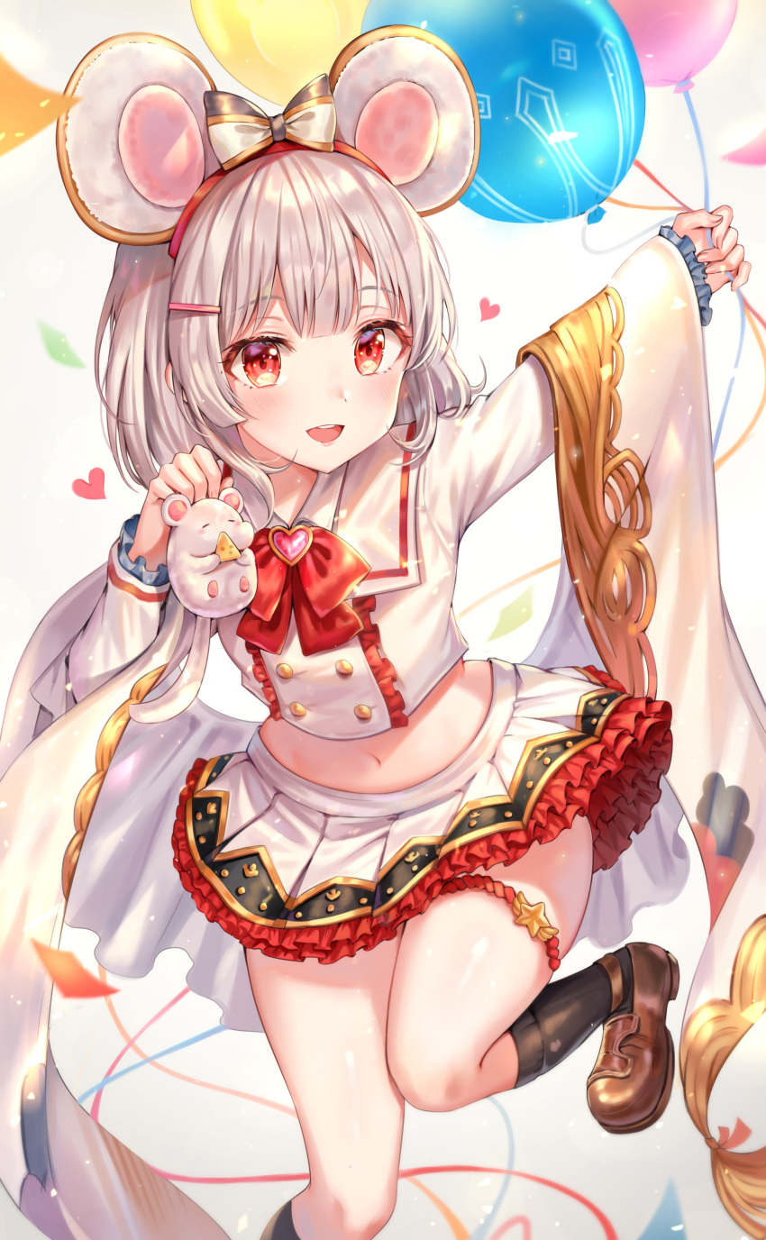 1girl :d absurdres animal animal_ears balloon black_legwear bow bowtie brown_footwear collared_shirt crop_top detached_sleeves fake_animal_ears granblue_fantasy hair_ornament hairband hairclip heart highres holding kneehighs leg_up loafers long_sleeves looking_at_viewer midriff miniskirt navel open_mouth pleated_skirt rat rat_ears red_eyes shirt shoes short_hair silver_hair skirt smile solo thigh_strap thighs tokkyu vikala_(granblue_fantasy) white_shirt white_skirt wide_sleeves