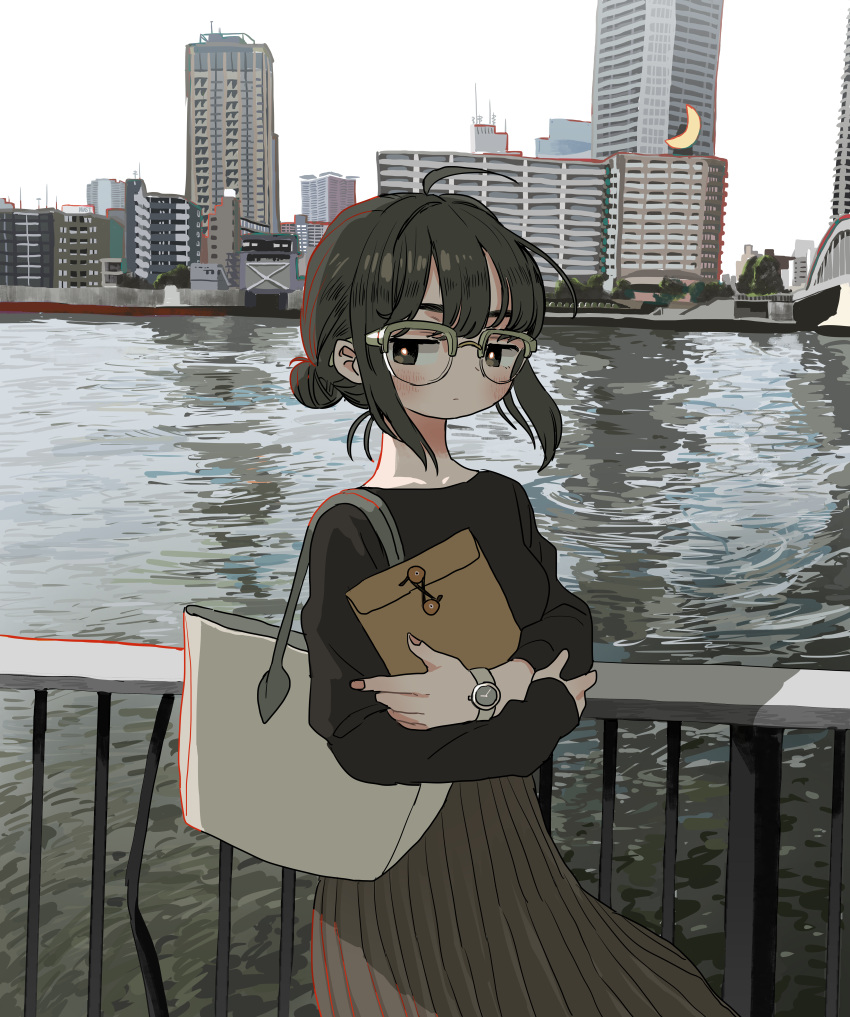 1girl absurdres against_railing ahoge black_hair brown_eyes cityscape envelope glasses hair_bun highres holding long_sleeves nail_polish original pleated_skirt river scenery sidelocks skirt solo tote_bag upper_body watch watch zinbei