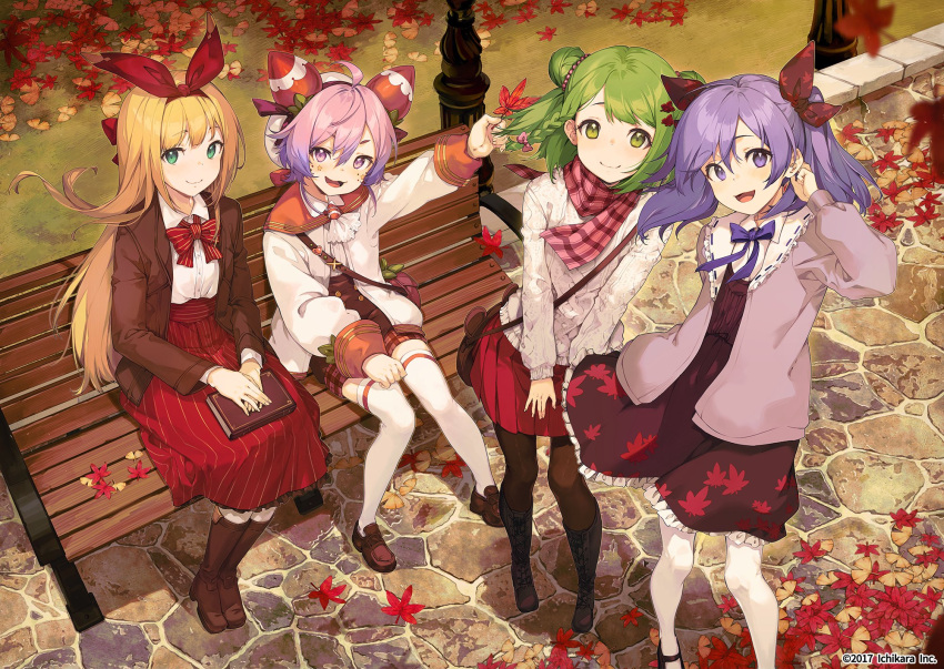 4girls ahoge autumn autumn_leaves bench black_legwear book book_on_lap boots bow brown_bow brown_footwear character_request company_name copyright_request day double_bun green_eyes green_hair hair_bow hairband highres holding holding_book holding_leaf knee_boots leaf long_hair long_sleeves multiple_girls nagu outdoors pink_hair purple_hair red_ribbon red_skirt ribbon short_hair short_twintails sitting skirt standing thigh-highs twintails very_long_hair violet_eyes white_legwear