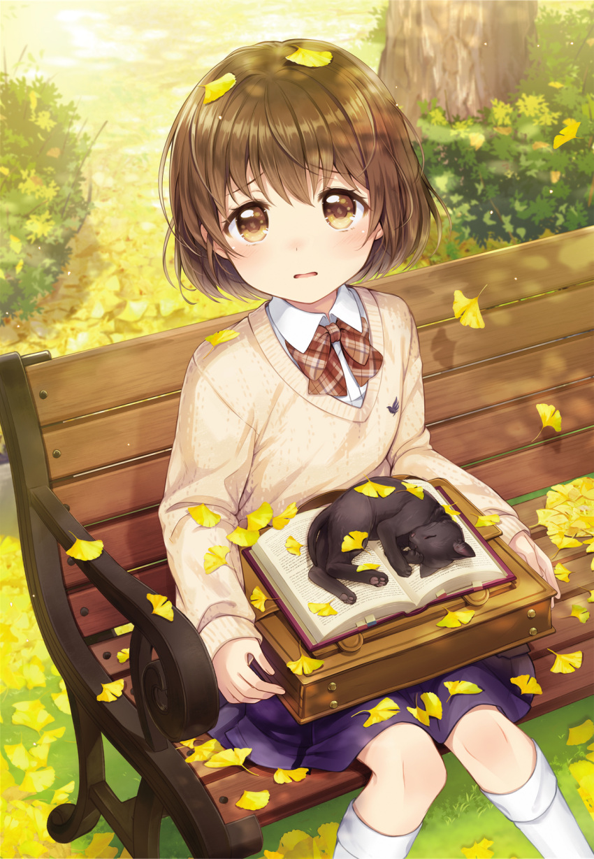 1girl animal bangs bench black_cat blue_skirt blush book bookmark bow brown_bow brown_eyes brown_hair brown_sweater cat collared_shirt commentary day english_commentary eyebrows_visible_through_hair feet_out_of_frame ginkgo ginkgo_leaf highres kneehighs knees_together_feet_apart leaf leaf_on_head long_sleeves looking_at_viewer mono_lith on_bench open_book original outdoors park_bench parted_lips plaid plaid_bow pleated_skirt school_briefcase shirt sitting_on_bench skirt sleeves_past_wrists solo sweater tree white_legwear white_shirt