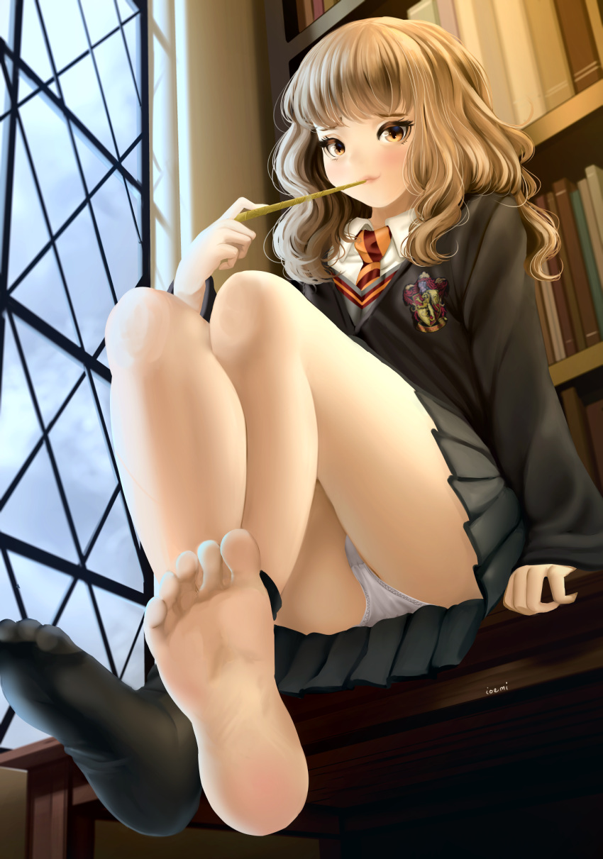 1girl artist_name barefoot black_skirt book bookshelf brown_eyes brown_hair closed_mouth collared_shirt day diagonal-striped_neckwear diagonal_stripes dkoro english_commentary harry_potter hermione_granger highres holding holding_wand indoors long_hair looking_at_viewer necktie orange_neckwear panties pantyshot pantyshot_(sitting) pleated_skirt school_uniform shirt sitting skirt sleeves_past_wrists smile solo striped striped_neckwear underwear wand white_panties white_shirt window wing_collar