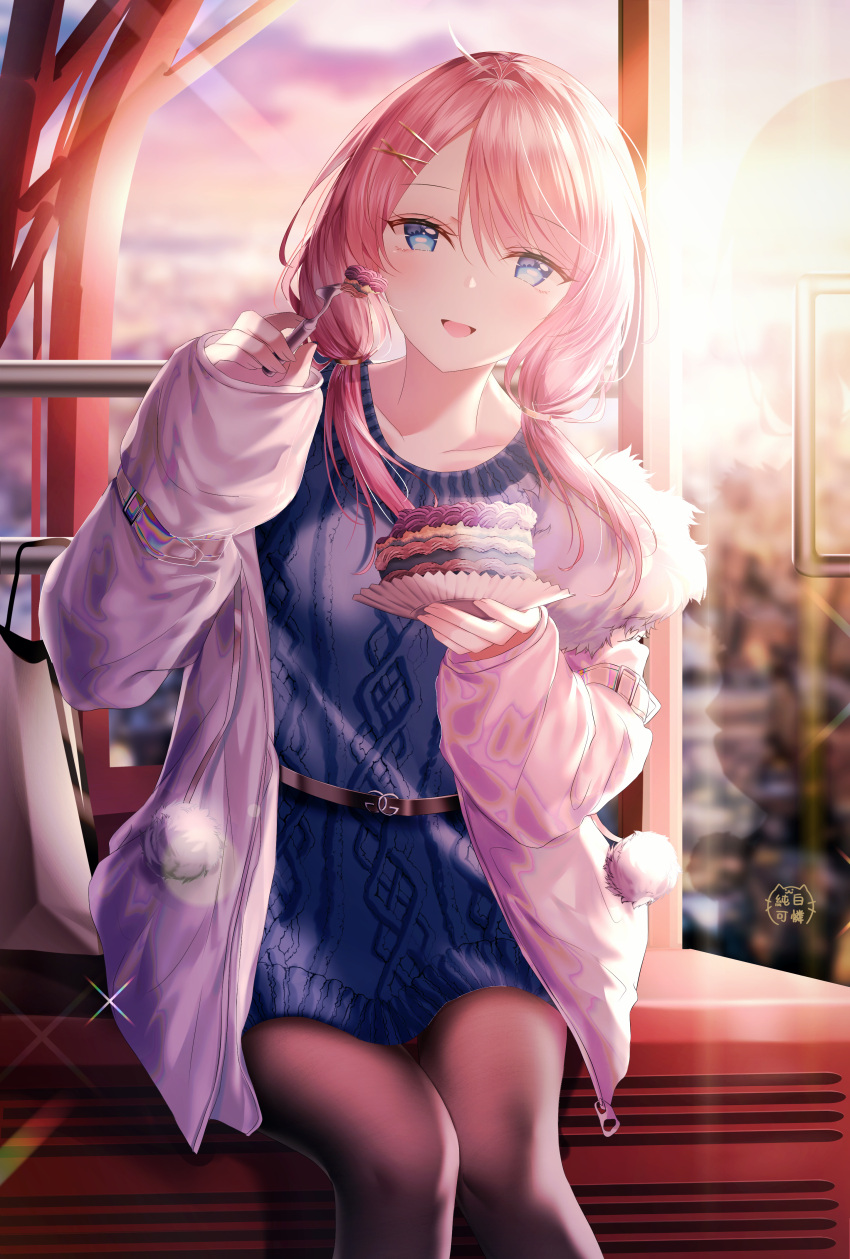 1girl :d absurdres ahoge aran_sweater arknights bangs black_legwear blue_eyes blue_poison_(arknights) blue_sweater blurry blurry_background cake depth_of_field drawstring dress eyebrows_visible_through_hair feeding ferris_wheel_interior food fork fur-trimmed_jacket fur_trim hair_between_eyes hair_intakes hair_ornament hairclip highres holding holding_fork huge_filesize jacket junpaku_karen long_hair long_sleeves low_twintails open_clothes open_jacket open_mouth pantyhose pink_hair pom_pom_(clothes) pov_feeding signature sitting sleeves_past_wrists smile solo sparkle sweater sweater_dress twintails white_jacket x_hair_ornament