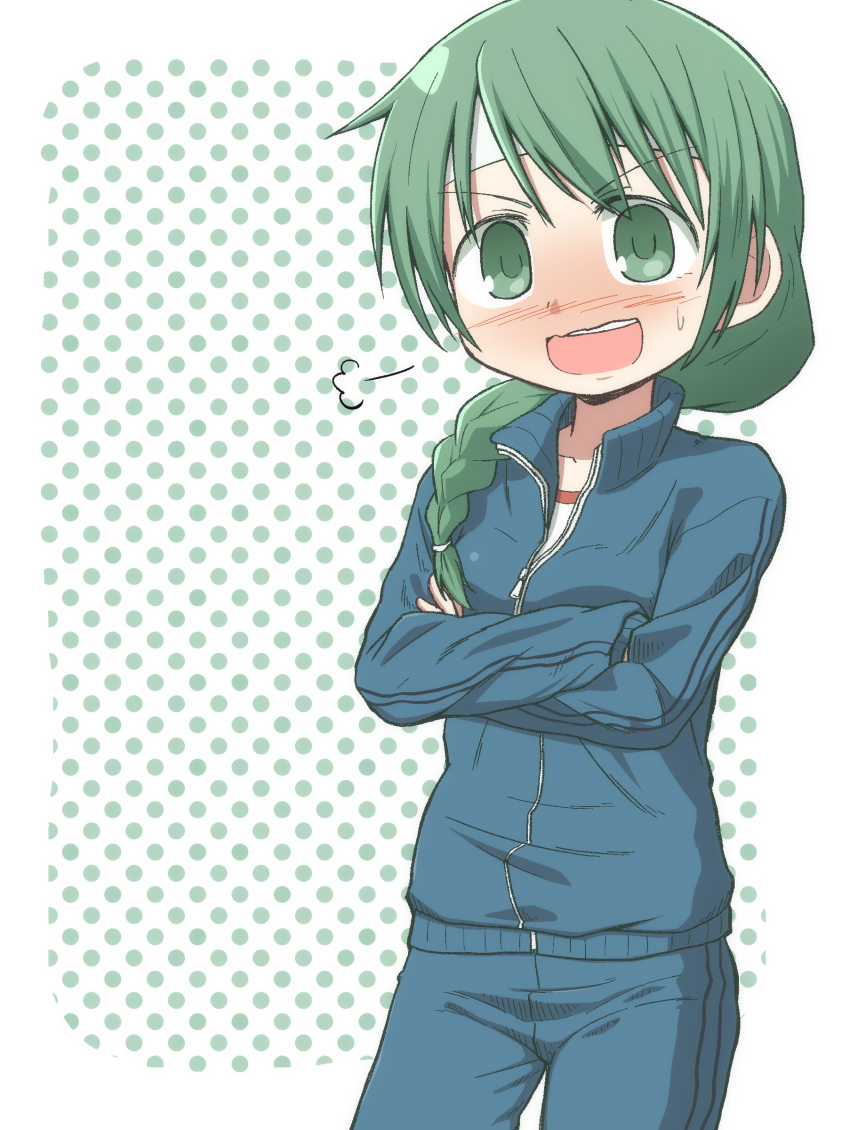 1girl absurdres ahoge blue_jacket blue_pants blush braid breasts breath collarbone crossed_arms eyebrows_visible_through_hair flustered green_eyes green_hair hidamari_sketch highres jacket long_hair natsume_(hidamari_sketch) open_mouth pants polka_dot polka_dot_background sidelocks small_breasts smile solo sweatband sweatdrop tomi_tsukasa track_pants track_suit