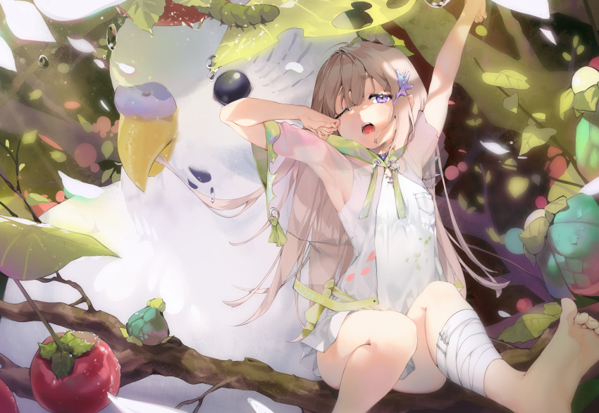 1girl ;o absurdres animal arm_up armpits ass bandaged_leg bandages barefoot bird branch breast_pocket dappled_sunlight dew_drop dress feet food fruit full_body hair_ornament highres in_tree jacket leaf leg_up light_brown_hair long_hair microdress monosucre nature no_panties no_pants one_eye_closed open_mouth original outstretched_hand oversized_animal parakeet pocket ribbon rubbing_eyes see-through see-through_jacket sitting sitting_in_tree stretch sunlight tears tree tree_branch violet_eyes water_drop white_bird white_dress yawning