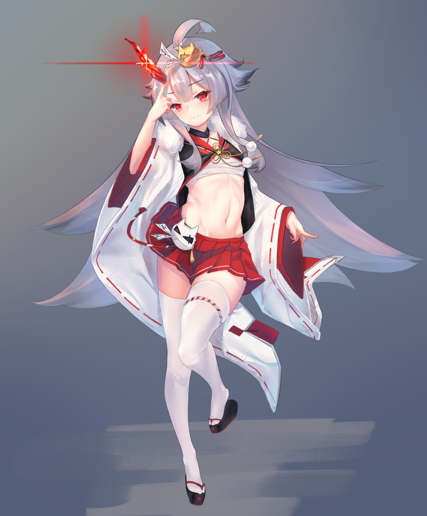 1girl ahoge azur_lane blush finger_to_head flat_chest fur_trim glowing glowing_eyes glowing_horn gradient gradient_background hair_ornament hibiki_(azur_lane) highres horns ka11_ca long_hair long_sleeves looking_at_viewer midriff mismatched_horns navel oni_horns pleated_skirt pom_pom_(clothes) red_eyes red_skirt sandals sarashi silver_hair skindentation skirt solo standing standing_on_one_leg talisman thigh-highs thigh_strap very_long_hair white_legwear zettai_ryouiki