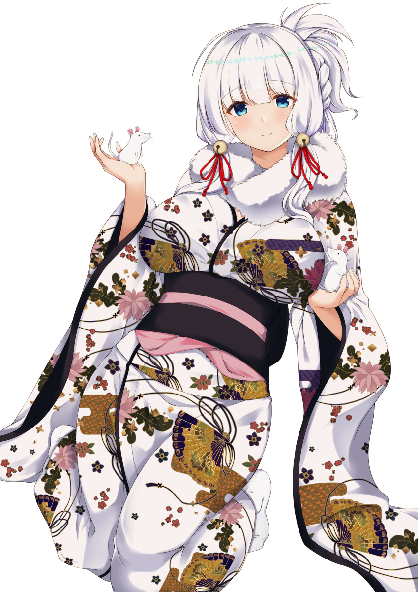 1girl absurdres azur_lane bangs blue_eyes blush breasts chinese_zodiac commentary_request eyebrows_visible_through_hair fur_trim happy_new_year highres illustrious_(azur_lane) japanese_clothes kimono large_breasts long_hair looking_at_viewer mamizu mole mole_under_eye new_year smile solo translation_request white_hair