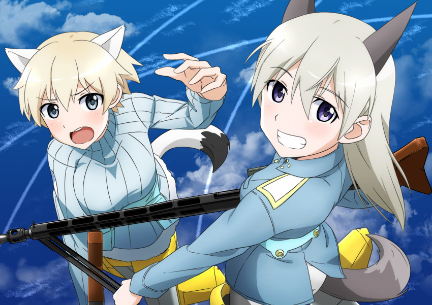 2girls animal_ears blonde_hair blue_eyes blush brave_witches breasts condensation_trail eila_ilmatar_juutilainen eyebrows_visible_through_hair flying fox_ears fox_tail grin gun highres large_breasts looking_at_viewer medium_hair multiple_girls nikka_edvardine_katajainen oinari_(koheihei1109) open_mouth pantyhose parted_lips rifle shiny shiny_hair short_hair sky smile strike_witches striker_unit sweater tail teeth weapon weasel_ears weasel_tail white_hair white_legwear world_witches_series