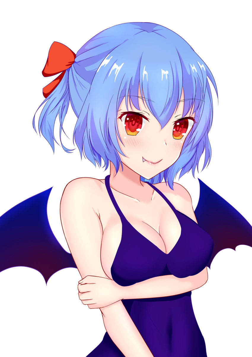 1girl alternate_breast_size alternate_costume alternate_hairstyle bangs bare_arms bare_shoulders bat_wings blue_dress blue_hair blush bow breast_hold breasts commentary_request covered_navel dress eyebrows_visible_through_hair fang fang_out hair_between_eyes hair_bow halter_dress highres kurenai_(anohitop) large_breasts looking_at_viewer no_hat no_headwear red_bow red_eyes remilia_scarlet short_hair short_ponytail simple_background smile solo touhou upper_body white_background wings