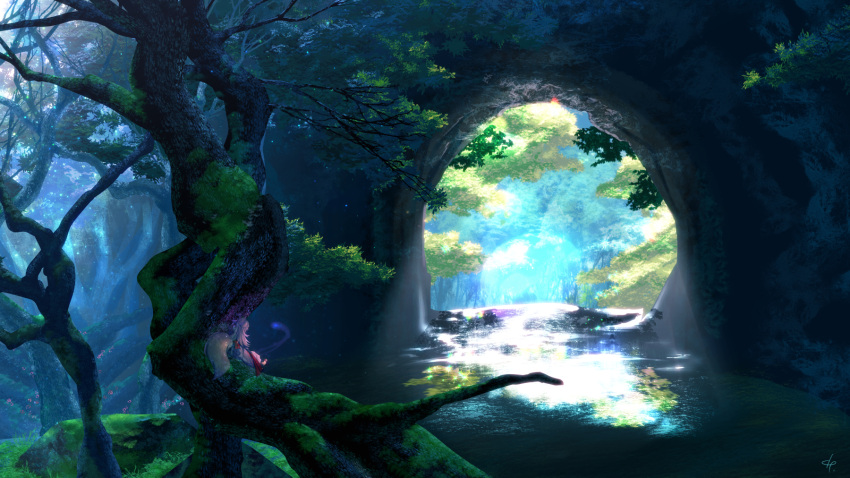 1girl ahoge animal_ears cave day domco forest fox_ears fox_tail geta highres in_tree japanese_clothes kimono lens_flare light_beam light_particles long_hair nature obi original outdoors river sash scenery signature silver_hair sitting sitting_in_tree solo spiky_hair tail tree white_kimono