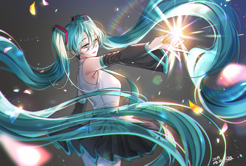 1girl 2019 absurdly_long_hair aqua_neckwear artist_name bangs black_skirt black_sleeves blue_eyes blue_hair blue_nails cowboy_shot dated detached_sleeves eyebrows_visible_through_hair floating_hair from_side hair_between_eyes hatsune_miku highres interitio long_hair long_sleeves miniskirt nail_polish necktie open_mouth pleated_skirt shiny shiny_hair shirt skirt sleeveless sleeveless_shirt solo very_long_hair vocaloid white_shirt